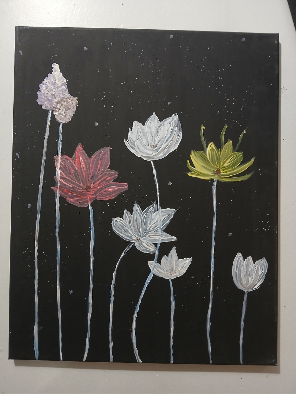 Abstract Floral 16 × 20 Canvas Painting in Black, White, Pink & Yellow